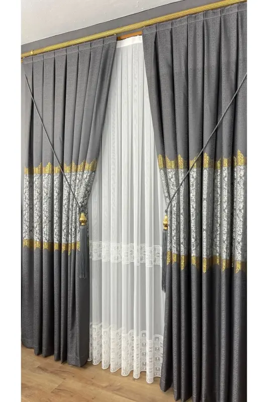 Pano Fon Perde Gri Tek Kanat Sık Pileli Jakarlı Yarı Parlak Desenli 100 X 260 - Gri 2511 - 7