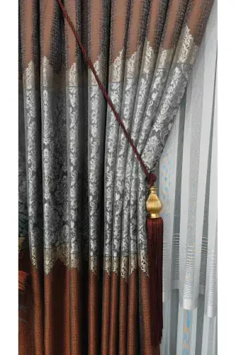 Pano Fon Perde Kiremit Kulrang va Oltin Chiziqli Desenli Tek Qanot Siq Pileli Jakard Yarim Yorqin-Kiremit 2512 - 1