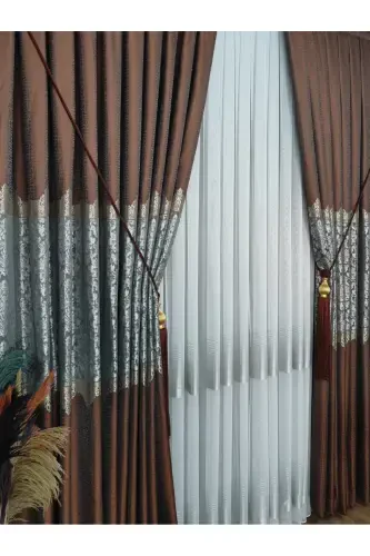 Pano Fon Perde Kiremit Kulrang va Oltin Chiziqli Desenli Tek Qanot Siq Pileli Jakard Yarim Yorqin-Kiremit 2512 - 5