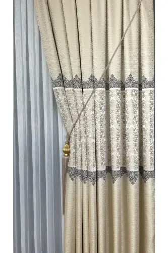 Pano Fon Perde Krem Bej Tek Kanat Sık Pileli Jakarlı Yarı Parlak Desenli 100 X 260-Krem Bej 111 - 4