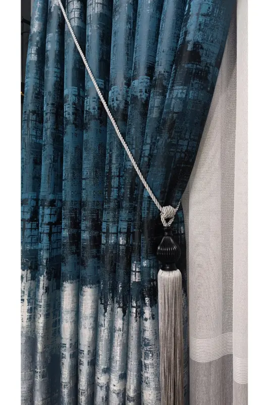 Pano Fon Perde Petrol Mavi ve Yeşil Siyah Gri Çok Renkli Tek Kanat Sık Pileli Yuka Home Lüks Seri-Petrol Mavisi ve Yeşili 22 - 2