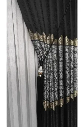 Pano Fon Perde Qora Kulrang Chiziqli Yagona Qanot Siq Pileli Jakarli Yaltiroq Naqshli 90 x 260-Qora 912 - 3