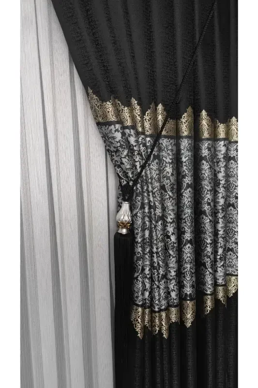 Pano Fon Perde Qora Kulrang Chiziqli Yagona Qanot Siq Pileli Jakarli Yaltiroq Naqshli 90 x 260-Qora 912 - 3