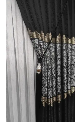 Pano Fon Perde Qora Kulrang Chiziqli Yagona Qanot Siq Pileli Jakarli Yaltiroq Naqshli 90 x 260-Qora 912 - 3