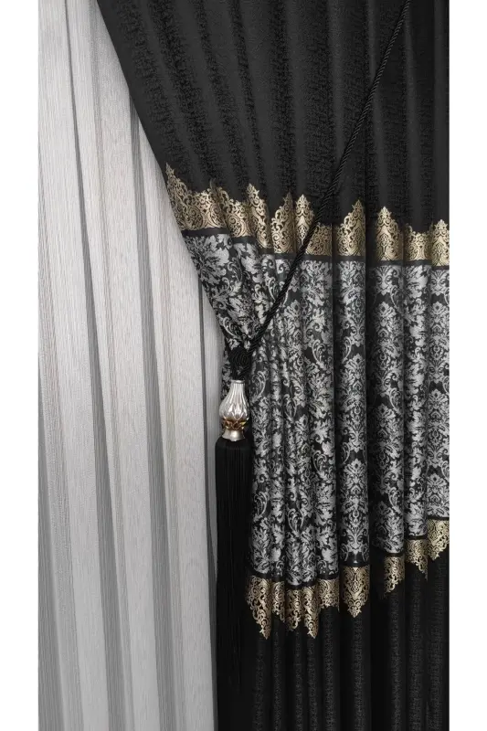 Pano Fon Perde Qora Kulrang Chiziqli Yagona Qanot Siq Pileli Jakarli Yaltiroq Naqshli 90 x 260-Qora 912 - 3