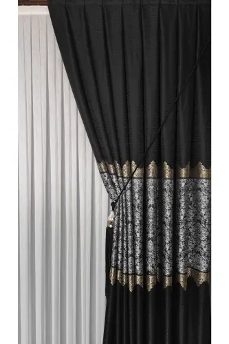 Pano Fon Perde Qora Kulrang Chiziqli Yagona Qanot Siq Pileli Jakarli Yaltiroq Naqshli 90 x 260-Qora 912 - 4
