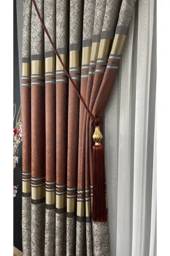 Pano Fon Perde Vizon Kiremit Altın Tek Kanat Sık Pileli Jakarlı Parlak Desenli 90 X 270 - Kiremit 2526 