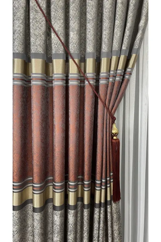Pano Fon Perde Vizon Kiremit Altın Tek Kanat Sık Pileli Jakarlı Parlak Desenli 90 X 270 - Kiremit 2526 - 2