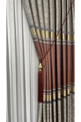 Pano Fon Perde Vizon Kiremit Altın Tek Kanat Sık Pileli Jakarlı Parlak Desenli 90 X 270 - Kiremit 2526 - 3