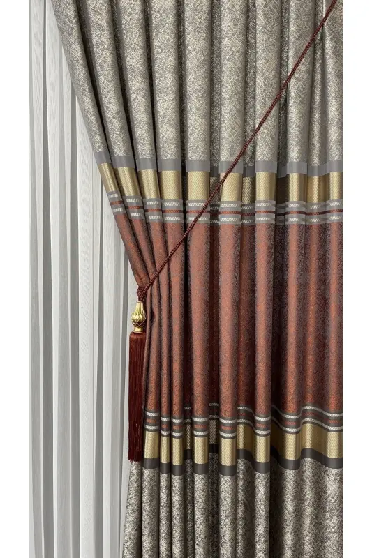 Pano Fon Perde Vizon Kiremit Altın Tek Kanat Sık Pileli Jakarlı Parlak Desenli 90 X 270 - Kiremit 2526 - 4