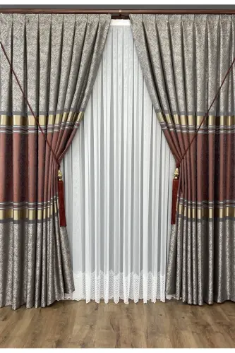 Pano Fon Perde Vizon Kiremit Altın Tek Kanat Sık Pileli Jakarlı Parlak Desenli 90 X 270 - Kiremit 2526 - 5