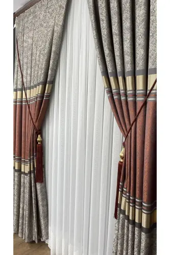 Pano Fon Perde Vizon Kiremit Altın Tek Kanat Sık Pileli Jakarlı Parlak Desenli 90 X 270 - Kiremit 2526 - 6