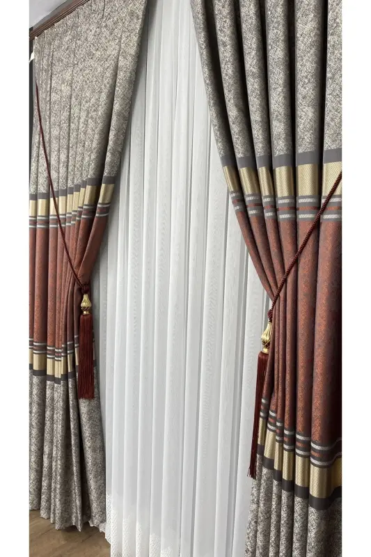 Pano Fon Perde Vizon Kiremit Altın Tek Kanat Sık Pileli Jakarlı Parlak Desenli 90 X 270 - Kiremit 2526 - 6