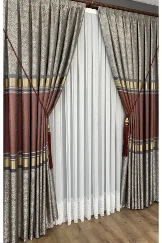 Pano Fon Perde Vizon Kiremit Altın Tek Kanat Sık Pileli Jakarlı Parlak Desenli 90 X 270 - Kiremit 2526 - 7