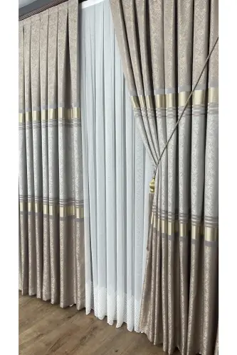 Pano Fon Perde Vizon Krem Altın Tek Kanat Sık Pileli Jakarlı Parlak Desenli 80 X 270 - Krem 5421 - 7