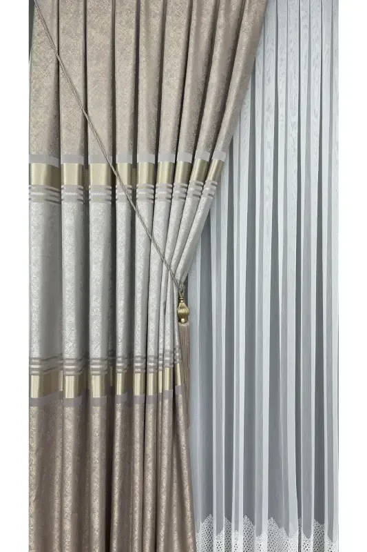 Pano Fon Perde Vizon Krem Oltin Tek Qanot Sık Pileli Jakarlı Yaltiroq Desenli 80 X 270-Krem 5421 - 3