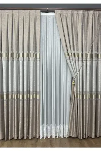 Pano Fon Perde Vizon Krem Oltin Tek Qanot Sık Pileli Jakarlı Yaltiroq Desenli 80 X 270-Krem 5421 - 5