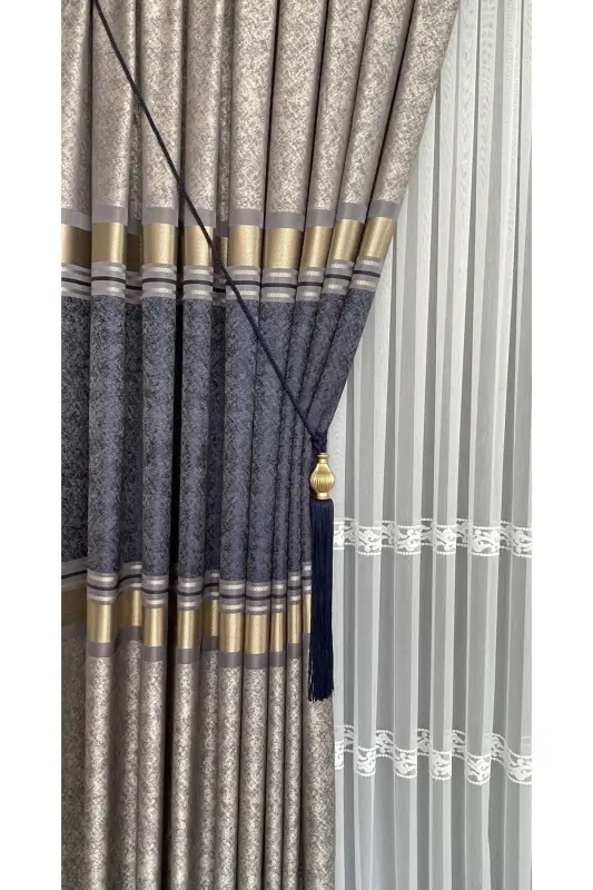 Pano Fon Perde Vizon Lacivert Altın Tek Kanat Sık Pileli Jakarlı Parlak Desenli 100 X 280 - Lacivert 2532 - YUKA
