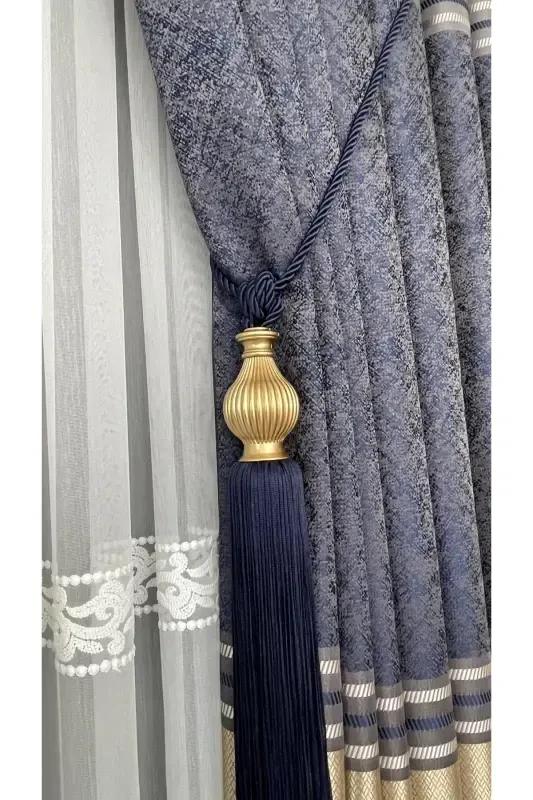 Pano Fon Perde Vizon Lacivert Altın Tek Kanat Sık Pileli Jakarlı Parlak Desenli 100 X 280-Lacivert 2532 - 3