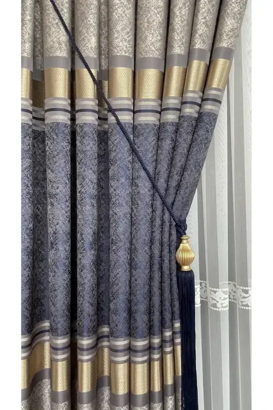 Pano Fon Perde Vizon Lacivert Oltin Yakka Qanot Tig'iz Pilili Jakard Yorqin Naqshli 100 X 280-To'q ko'k 2532 - 2