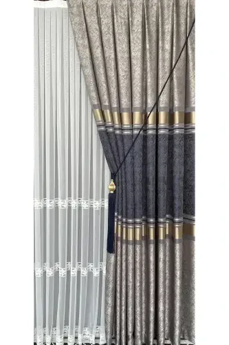 Pano Fon Perde Vizon Lacivert Oltin Yakka Qanot Tig'iz Pilili Jakard Yorqin Naqshli 100 X 280-To'q ko'k 2532 - 4