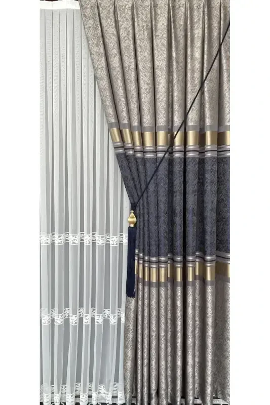 Pano Fon Perde Vizon Lacivert Oltin Yakka Qanot Tig'iz Pilili Jakard Yorqin Naqshli 100 X 280-To'q ko'k 2532 - 4