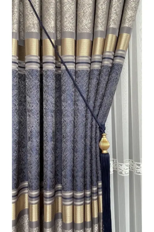 Pano Fon Perde Vizon Lacivert Oltin Yakka Qanot Tig'iz Pilili Jakard Yorqin Naqshli 100 X 280-To'q ko'k 2532 - 2