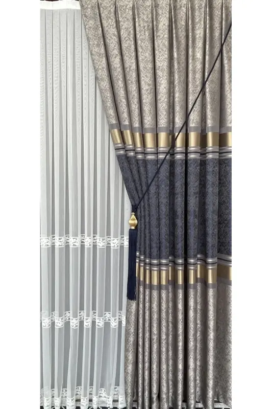 Pano Fon Perde Vizon Lacivert Oltin Yakka Qanot Tig'iz Pilili Jakard Yorqin Naqshli 100 X 280-To'q ko'k 2532 - 4