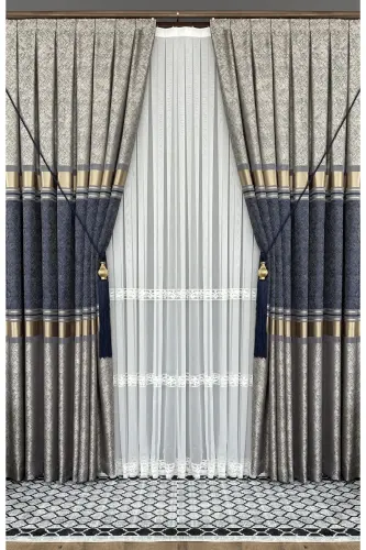 Pano Fon Perde Vizon Lacivert Oltin Yakka Qanot Tig'iz Pilili Jakard Yorqin Naqshli 100 X 280-To'q ko'k 2532 - 5