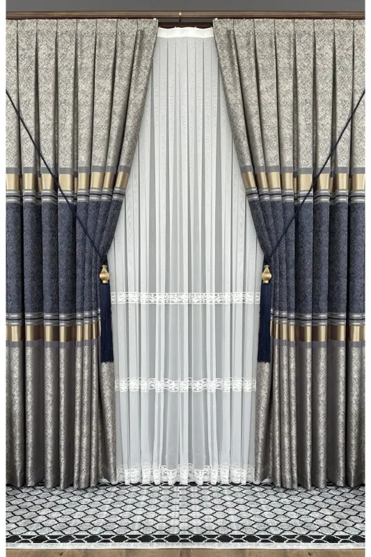 Pano Fon Perde Vizon Lacivert Oltin Yakka Qanot Tig'iz Pilili Jakard Yorqin Naqshli 100 X 280-To'q ko'k 2532 - 5