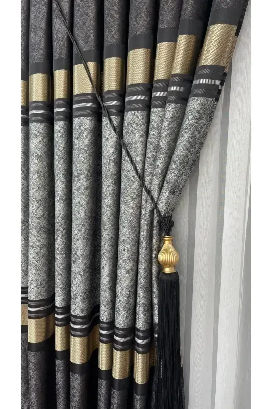 Pano Fon Perde Vizon Qora Oltin Yagona Qanot Siq Pileli Jakarli Yaltiroq Naqshli 90 X 270-Qora 921 - 1