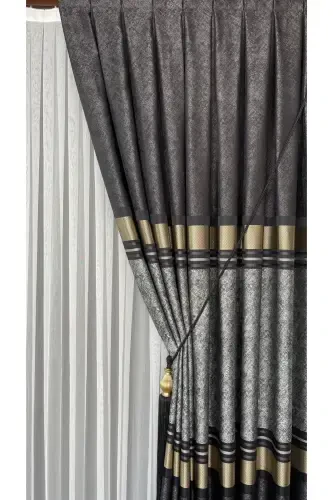 Pano Fon Perde Vizon Qora Oltin Yagona Qanot Siq Pileli Jakarli Yaltiroq Naqshli 90 X 270-Qora 921 - 4