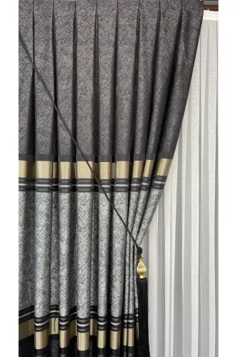 Pano Fon Perde Vizon Qora Oltin Yagona Qanot Siq Pileli Jakarli Yaltiroq Naqshli 90 X 270-Qora 921 - YUKA (1)