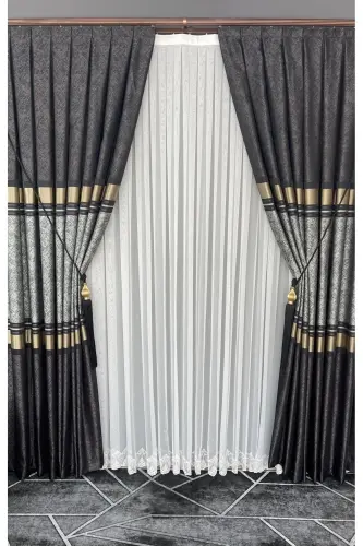 Pano Fon Perde Vizon Siyah Altın Tek Kanat Sık Pileli Jakarlı Parlak Desenli 90 X 270 - Siyah 921 - 5
