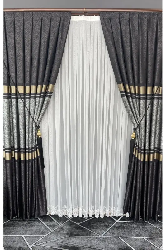 Pano Fon Perde Vizon Siyah Altın Tek Kanat Sık Pileli Jakarlı Parlak Desenli 90 X 270 - Siyah 921 - 5