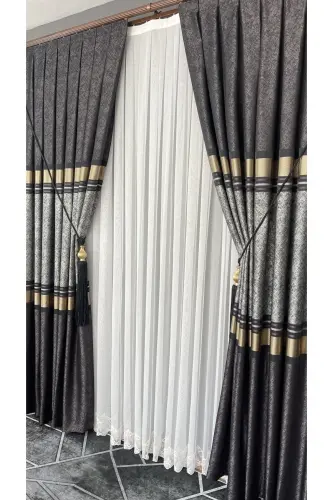 Pano Fon Perde Vizon Siyah Altın Tek Kanat Sık Pileli Jakarlı Parlak Desenli 90 X 270 - Siyah 921 - 6