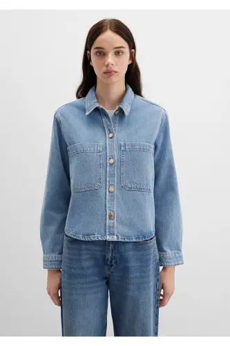Paola Blue Premium Indigo Blue Jean Shirt Crop - 3