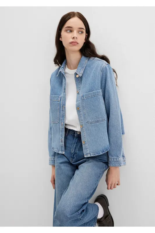 Paola Mavi Premium Indigo Mavisi Jean Gömlek Crop - 1