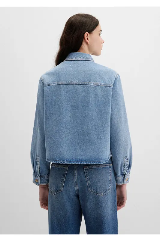 Paola Mavi Premium Indigo Mavisi Jean Gömlek Crop - 4