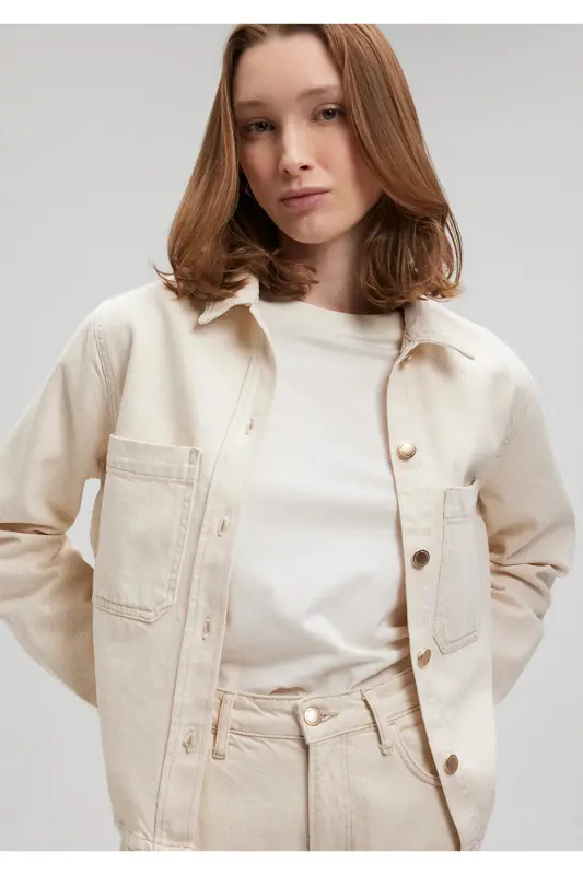 Paola Premium Ekru Jean Gömlek Crop / Kısa Kesim 1 - 1