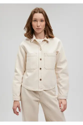 Paola Premium Ekru Jean Gömlek Crop / Kısa Kesim 1 - 4