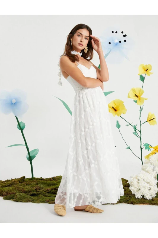 Papatyalı Askılı Tül Detaylı Elbise - Koton