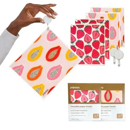 Papaya Reusable Paper Towels 4-Pack - 4 Sheets + 2 Hooks, Quick Drying, No Odor, 1 Sheet Replaces 17 Rolls, Washable Kitchen Cloth, Sustainable Dish Sponge, Eco Friendly Gift (The Wanderer) - 3