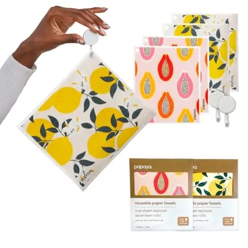 Papaya Swedish Dishcloths for Kitchen, 4 Reusable Paper Towels, 2 Hooks | 1 Sheet Replaces 17 Rolls of Paper Towel, Eco Friendly, Quick Drying, No Odor, Washable, Sustainable - 1