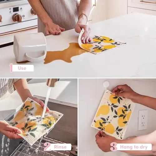 Papaya Swedish Dishcloths for Kitchen, 4 Reusable Paper Towels, 2 Hooks | 1 Sheet Replaces 17 Rolls of Paper Towel, Eco Friendly, Quick Drying, No Odor, Washable, Sustainable - 4