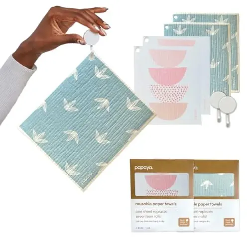 Papaya Swedish Dishcloths for Kitchen, 4 Reusable Paper Towels, 2 Hooks | 1 Sheet Replaces 17 Rolls of Paper Towel, Eco Friendly, Quick Drying, No Odor, Washable, Sustainable - 1