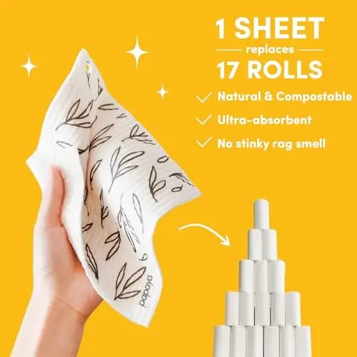 Papaya Swedish Dishcloths for Kitchen, 4 Reusable Paper Towels, 2 Hooks | 1 Sheet Replaces 17 Rolls of Paper Towel, Eco Friendly, Quick Drying, No Odor, Washable, Sustainable - 3