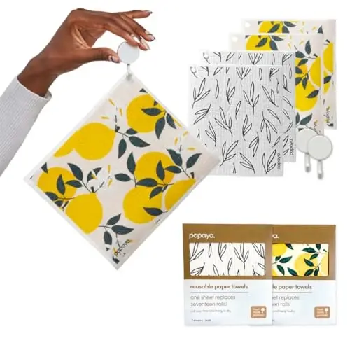 Papaya Swedish Dishcloths for Kitchen, 4 Reusable Paper Towels, 2 Hooks | 1 Sheet Replaces 17 Rolls of Paper Towel, Eco Friendly, Quick Drying, No Odor, Washable, Sustainable - 1