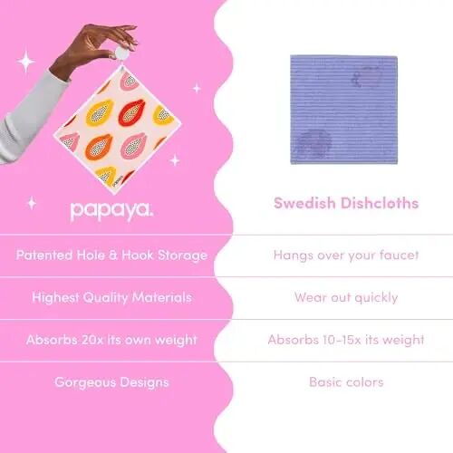 Papaya Reusable Paper Towels, Premium Swedish Dishcloths, Washable Reusable Dish Cloths, 1 Sheet Replaces 17 Rolls, Eco Friendly Stocking Stuffer - 4 Sheets, 2 Hooks - PAPAYA