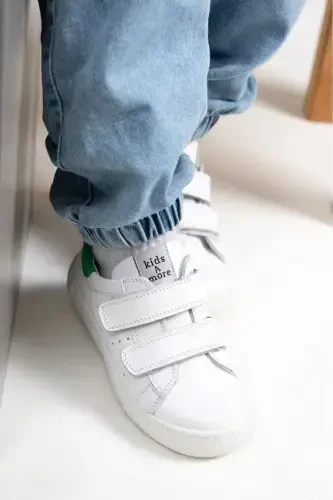 Papillon Çift Cırtlı Deri Unisex Çocuk Ayakkabı Beyaz-yeşil-Beyaz - 2